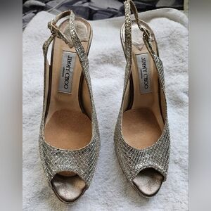 Jimmy Choo Nova Champagne Glitter Peep Toe Slingback Heels 38.5 shoes